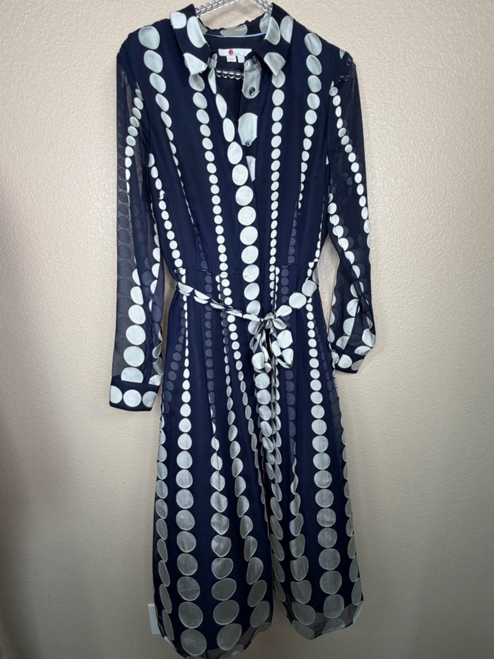 Boden Navy and White Long Sleeve Polka Dot Shirt Dress